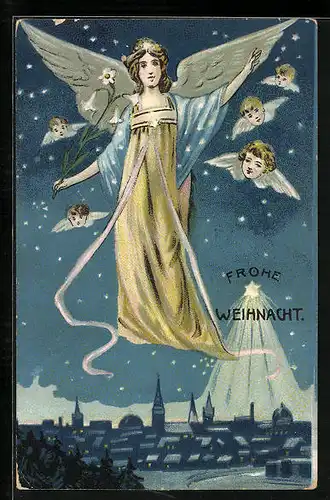 AK Schwebender Weihnachtsengel mit Lilien