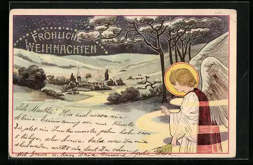 AK Winterlandschaft mit Weihnachtsengel im Jugendstil