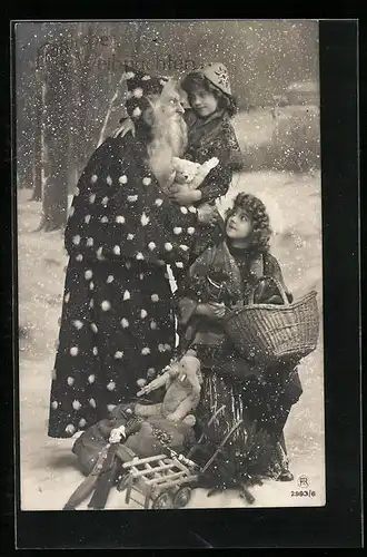 AK Weihnachtsmann mit Kind auf dem Arm, Geschenke