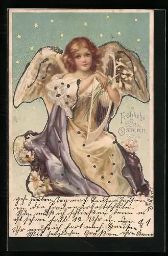 AK Osterengel mit Harfe und Blumen