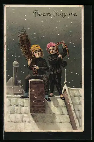 AK Zwei Schornsteinfeger auf dem Dach mit Hufeisen