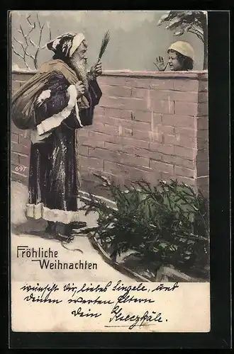 AK Weihnachtsmann begrüsst Kind an der Mauer