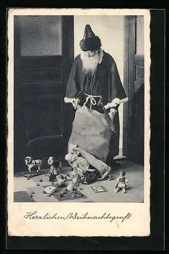 AK Weihnachtsmann mit Sack voller Geschenken