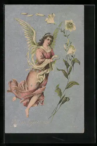 AK Osterengel mit Lilien-Blüten