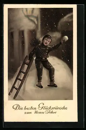 AK Kleiner Schornsteinfeger mit Leiter und Schneeball