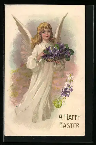 AK Osterengel mit Korb voller Veilchen