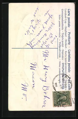 AK Weihnachtsengel mit Palmzweig über den verschneiten Dächern