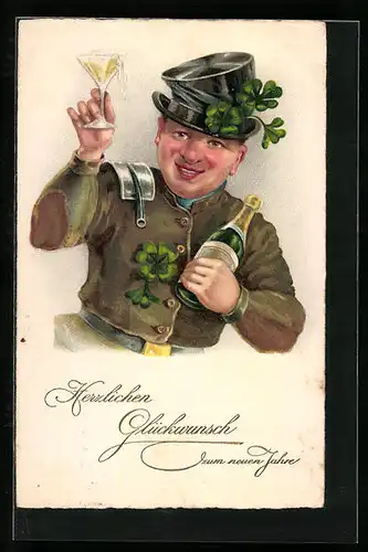 AK Schornsteinfeger mit Champagnerglas und Klee