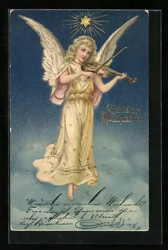 AK Weihnachtsengel spielt Geige im Himmel