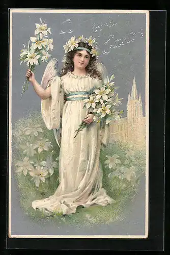 AK Osterengel mit weissen Lilien