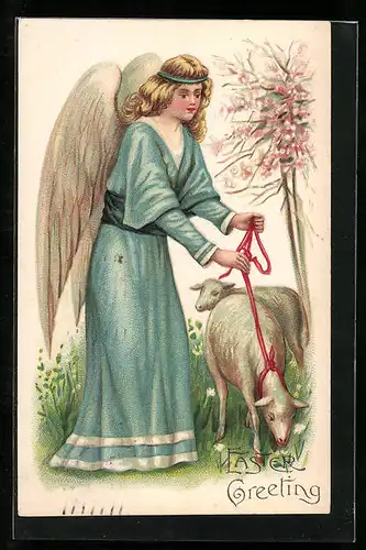 AK Osterengel hält Lämmer an der Leine, Fröhliche Ostern