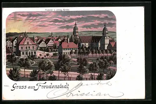 Lithographie Freudenstadt, Postamt und evang. Kirche