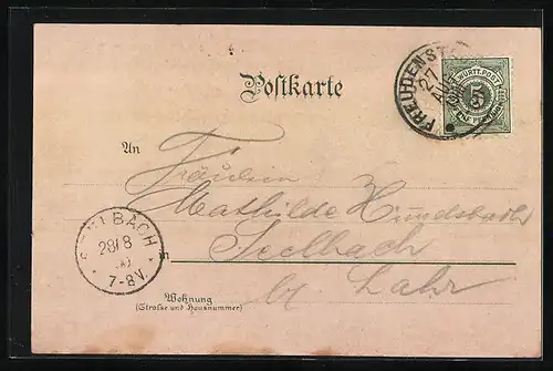 Lithographie Freudenstadt, Postamt und evang. Kirche