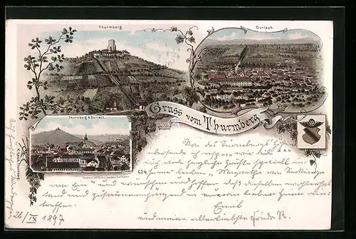 Lithographie Durlach, Gruss vom Thurmberg, Thurmberg und Durlach