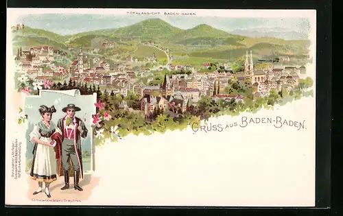 Lithographie Baden-Baden, Totalansicht, Schwarzwälder Tracht