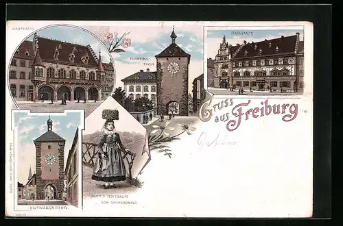 Lithographie Freiburg, Kaufhaus, Martinsthor und Rathaus