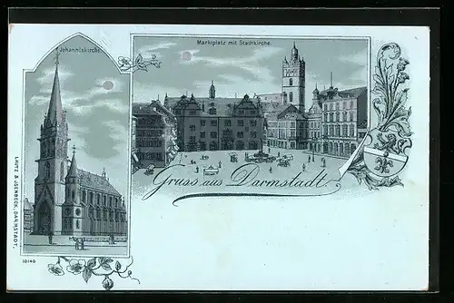 Mondschein-Lithographie Darmstadt, Johanniskirche, Marktplatz mit Stadtkirche