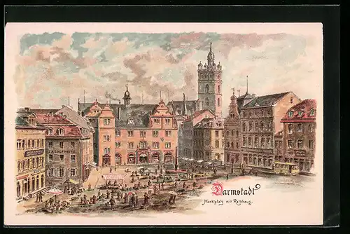 Lithographie Darmstadt, Marktplatz mit Rathaus