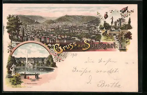 Lithographie Stuttgart, Totalansicht, K. Residenzschloss