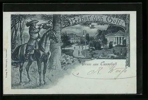 Lithographie Cannstatt, Gruss und Reiter mit Trompete auf seinem Pferd