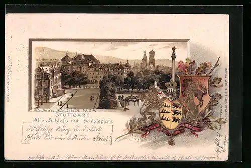 Lithographie Stuttgart, Altes Schloss mit Schlossplatz, Wappen