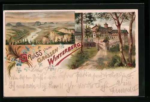 Lithographie Grosser Winterberg, Gruss mit Landschaftsbild