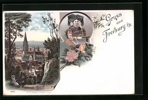 Lithographie Freiburg i. B., Münster und Frau in Tracht