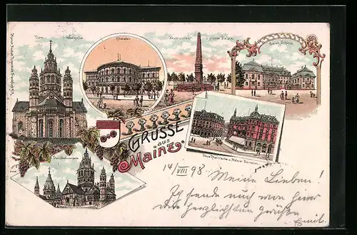 Lithographie Mainz, Theater, Dom und Neubrunnen