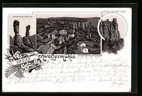 Lithographie Bad Schweizermühle, Kaiser Wilhelm Veste, Herkulesseulen