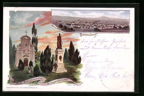 Lithographie Bonndorf, Alte Schlosskapelle und Kriegerdenkmal, Totalansicht