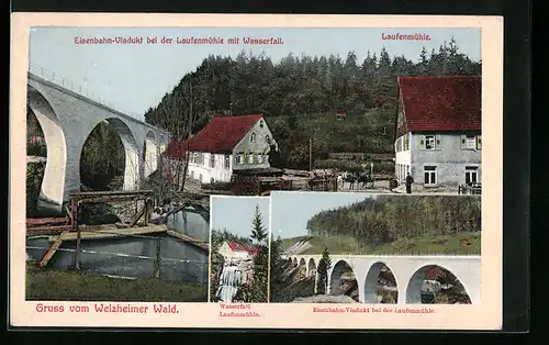 AK Welzheim, Welzheimer Wald, Eisenbahn Viadukt b. d. Laufenmühle mit Wasserfall