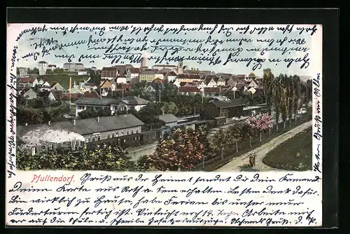 Lithographie Pfullendorf, Dampflok im Bahnhof, Ortsansicht