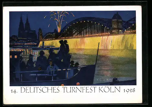 Künstler-AK Köln, 14. Deutsches Turnfest 1928, Grossfeuerwerk an der Hohenzollernbrücke