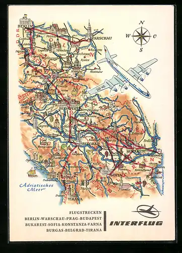 AK Flugstrecken d. Luftverkehrsunternehmens Interflug, Flugzeug und Landkarte