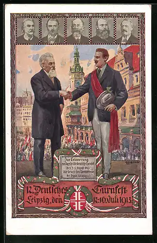 Künstler-AK Leipzig, 12. Deutsches Turnfest 1913, Zwei Männer reichen sich die Hände