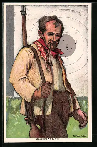 Künstler-AK Schweiz, Schweizerischer Schützenverein 1824-1924, Schütze mit Gewehr vor Zielscheibe