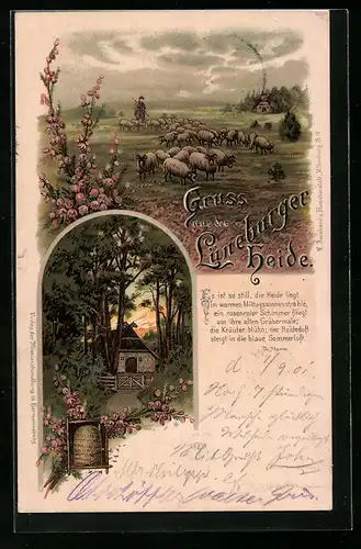 Lithographie Imkerei in der Lüneburger Heide, Schäfer mit Herde