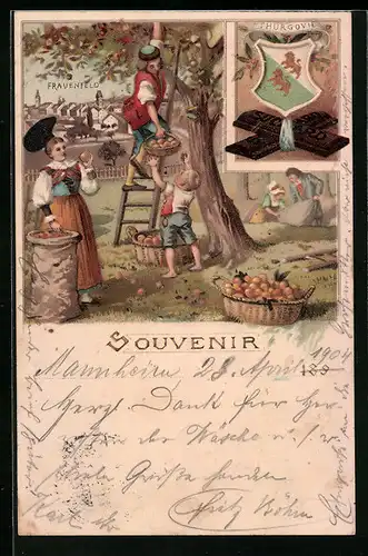 Lithographie Frauenfeld, Ortsansicht hinter Apfelernte in Trachten, Reklame für Suchard