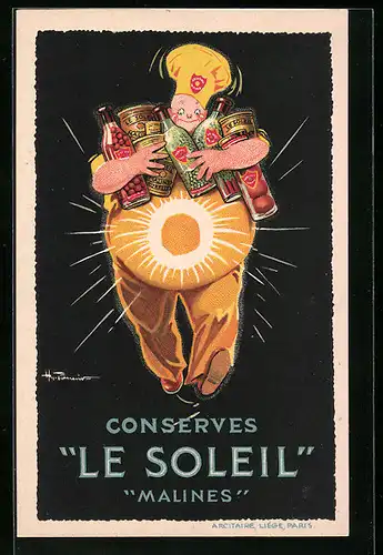 AK Orangen-Mann mit Kochmütze und Konserven Le Soleil / Malines im Arm, Reklame
