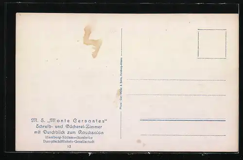 AK Passagierschiff M.S. Monte Cervantes der Hamburg-Amerika Linie, Schreib- und Bücherei-Zimmer mit Rauchsalon