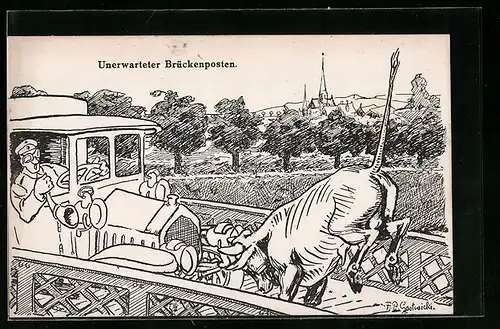 Künstler-AK Unerwarteter Brückenposten, Lastkraftwagen