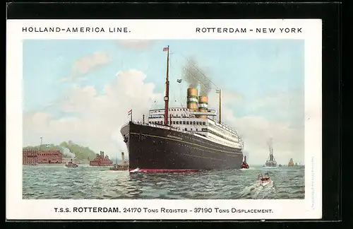 Künstler-AK Passagierschiff TSS Rotterdam der Holland-America Line bei der Hafenausfahrt