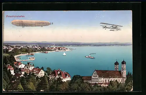 AK Friedrichshafen am Bodensee, Totalansicht aus der Vogelschau, Doppeldeckerwasserflugzeug