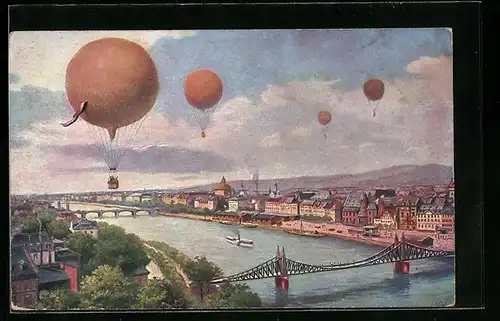 Künstler-AK Fesselballone über einer Stadt