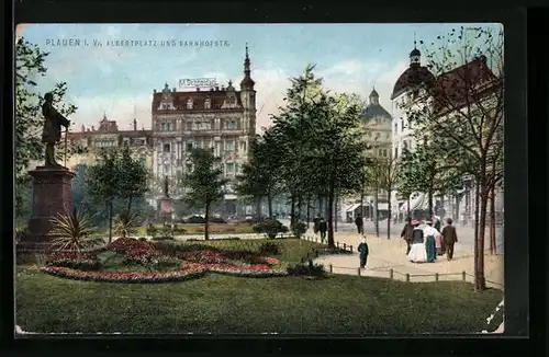 AK Plauen i. V., Albertsplatz und Bahnhofstrasse