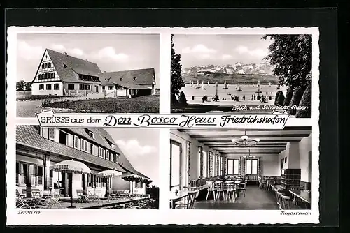 AK Friedrichshafen, Gasthaus Don Bosco, Innenansicht Tagesraum, Terrasse