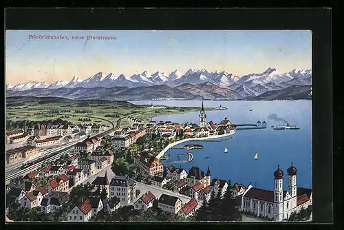 AK Friedrichshafen, Neue Uferstrasse mit Kirche