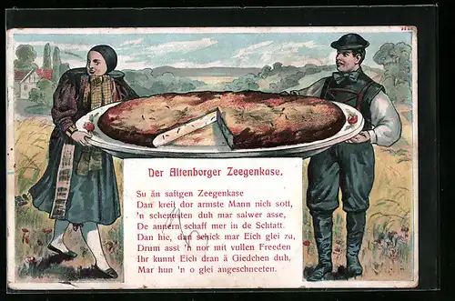 Künstler-AK Altenburg, Paar in Tracht mit Altenborger Zeegenkase