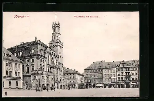 AK Löbau i. S., Marktplatz mit Rathaus