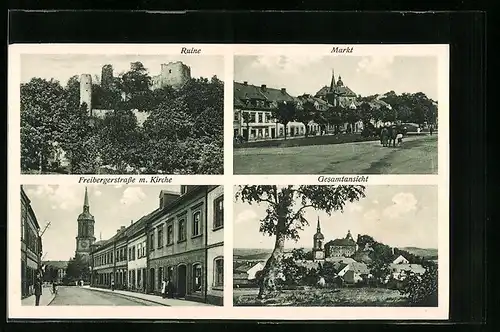 AK Frauenstein i. Erzgeb., Markt, Ruine, Freibergerstrasse mit Kirche